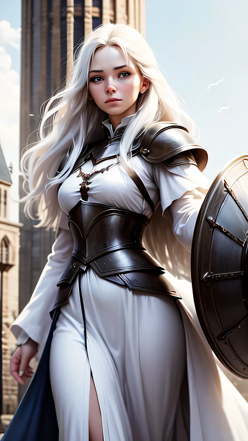 Woman in her mid 20s, campesina medieval "The Chronicles of Narnia", gray and brown shreds, blue eyes, long white hair, dynamic position, raised hands sign, safe expression, Iluminación natural, plain white background , white robe, Large tower shield, long majestic white hair, tall woman, Shy, bold, sunny day, armored shoulders