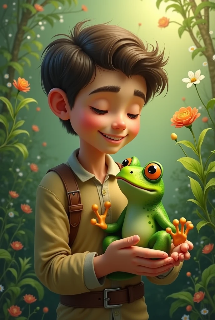 Illustrate the bond between frog and the boy as he visits him daily, sharing stories and laughter. Convey their growing friendship, transcending words.