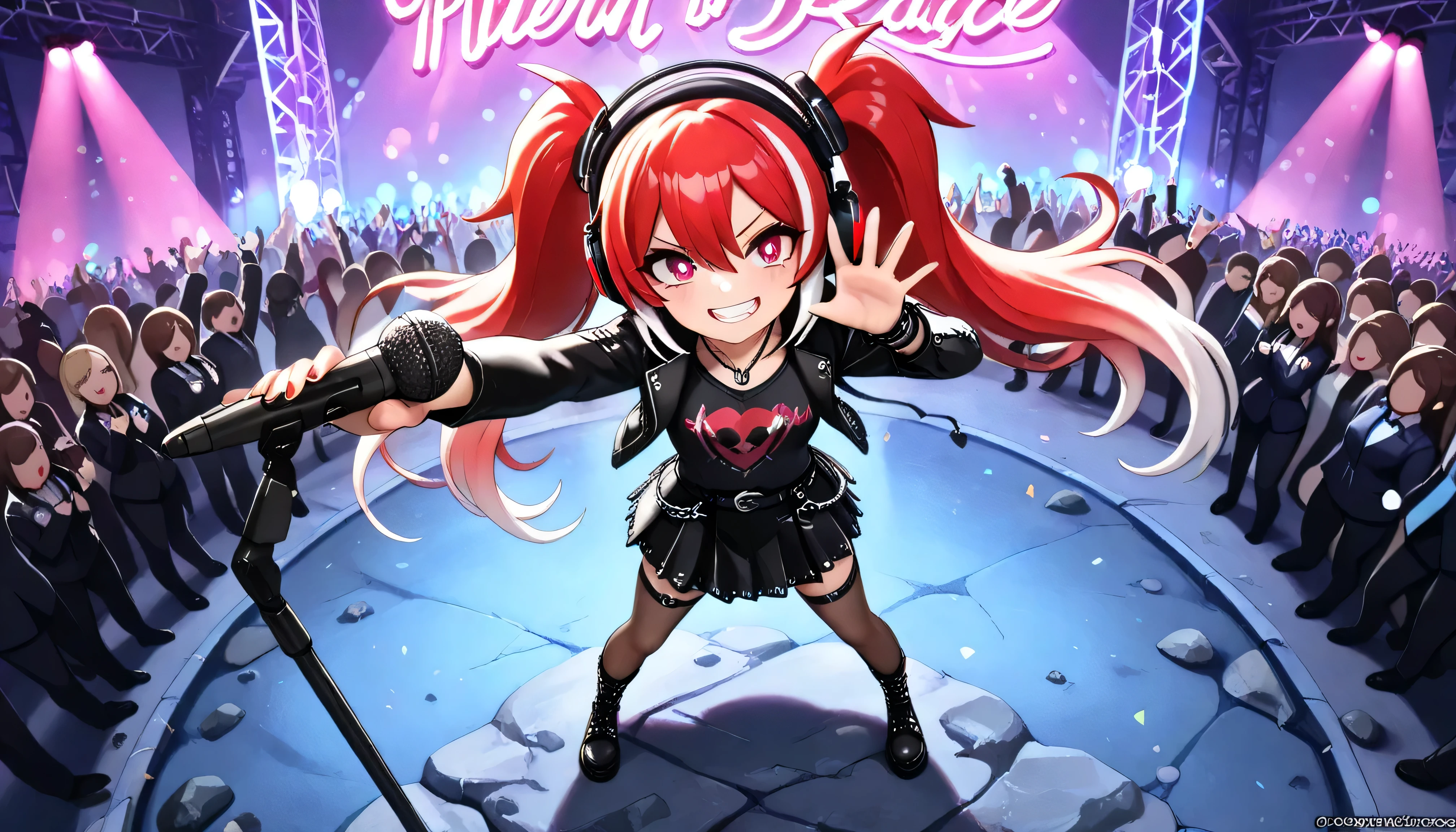 (Masterpiece, high quality, best quality, detailed background, From above)(One adult woman with Crimson hair, accented with white highlights, Long hair with Twin tails, Small face, Fine skin, Slender, The eye color is Crimson, Wearing stylish headphones, Punk fushion)(She is eyes are open and filled with great rage)(mockery with teeth showing)(nightclub scene, neon lights, vibrant atmosphere, energetic crowd, people dancing, dynamic movement, flashing lights, party vibes, music beats, joyful expression, stylish dance pose)(holding a stand microphone, swinging it dynamically, powerful stage presence, rock concert vibes, intense energy, dramatic lighting, crowd cheering, motion blur effect, dynamic pose, expressive movement)