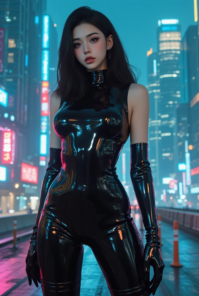 Best quality, masterpiece, ultra high res, (photorealistic:1.4), raw photo, 1girl, latex body suit, cyberpunk, futuristic city, night, night lights, neon lights, cyberpunk neon lights, futuristic lights, night time, cinematic lighting