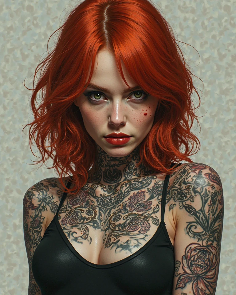 (masterpiece), (Highest quality), (Very detailed), (A redhead woman in her 30s with clown tattoos all over her body.)、Small breasts((Get a clown tattoo on your chest))、(Snake tattoo on arm)、(Wolf tattoo on his back)、((Yellow and black underwear))、Shooting from above、Full body portrait
