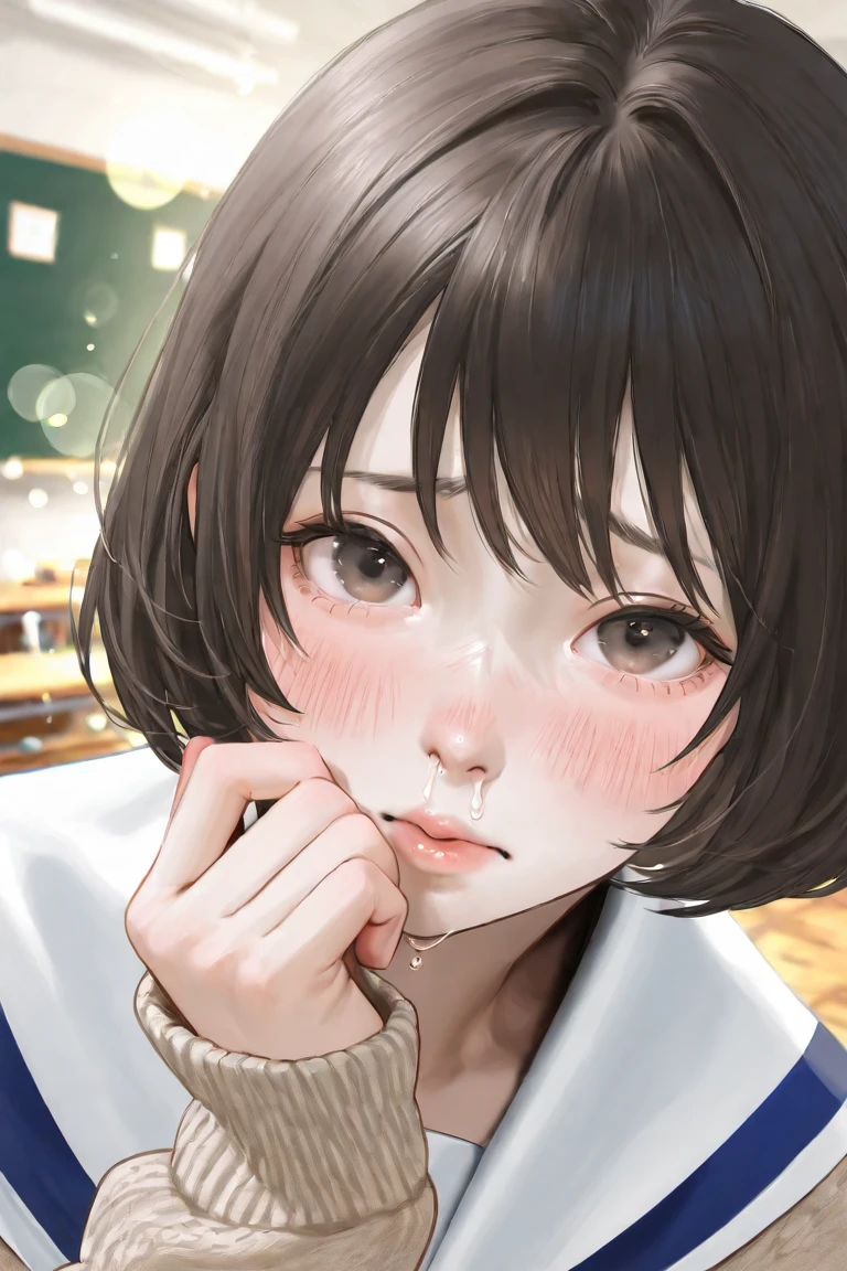 Alapi girl in black sweater and white shirt put her hand to her mouth, inspired by Ma Yuanyu, white hime cut hairstyle, ulzzangs, she has a cute expressive face, chiho, wan adorable korean face, with cute - fine - face, Anime girl in real life, She has black hair，By bangs