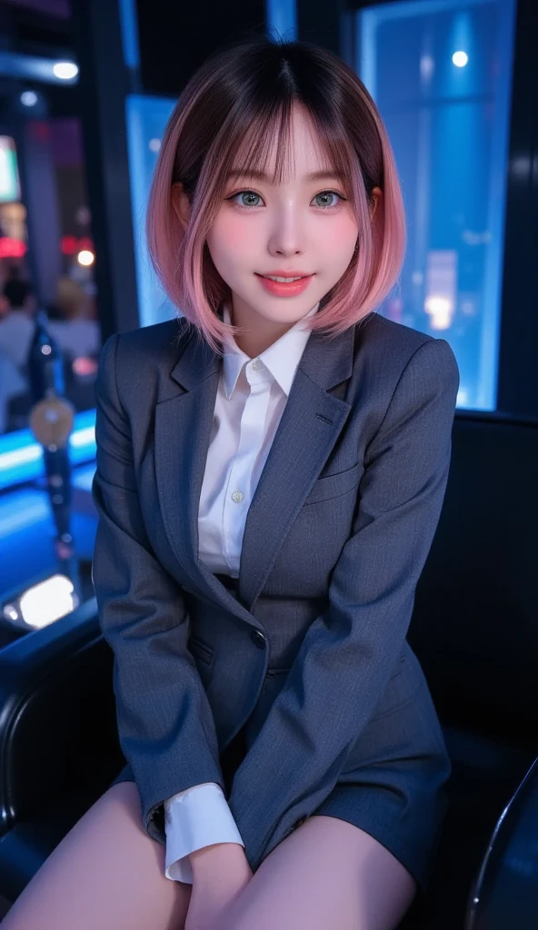 SFW, highest quality, Face Focus, Soft Light, Ultra-high resolution (Realistic:1.4), RAW Photos,
1 Japanese girl, alone, cute, cute, beautiful, (pupil, Light in your eyes),  細部までbeautiful顔, (Big breasts that match the style),(High resolution detail of human skin texture), (Show your teeth and smile:1.4)(Pink bob hair with bangs:1.2), Wearing a shirt with white buttons,wearing a tight-fitting grey formal suit jacket,Grey formal mini skirt with leather slits,Black Stockings,(Portraiture),Ultra HD,8k,Tabletop,looking at the camera,,Subjective,White, fine, delicate skin,Ultra-realistic,Super sexy big ,White Beauty,Japanese women,Close-up,Beautiful pink hair,Hotel room at night,Spread your legs out to the side,squat,photo shoot,Her panties are showing through the grey skirt she&#39;s wearing,Super sexy random color shiny silk pants line is perfectly cut into,4k,Flip up your skirt with both hands,Show off your super sexy random color shiny silk pants to your audience,Camel&#39,Photorealistic,With toe