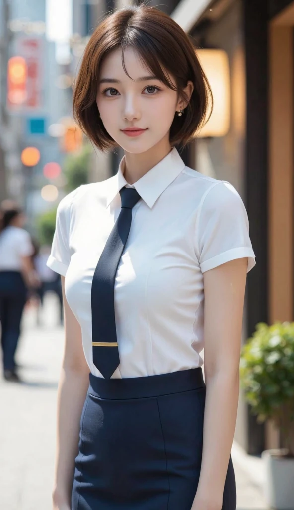 Korean school uniform、summer school uniform shirt、tight shirt、ribbon tie、Skirt by the、schools、school stairs、Emphasize your chest with both arms、Slender big、8K RAW photo、Hight Resolution、age:18 、Japanese people、Eyes of Wound、very large, Round chest eyes are detailed and detailed...、Long eyelashes and beautiful double eyelids、eyeshadows、Eyeline、slender eyes、elongated eye shape、sanpaku eyes, beautiful, Thin leg, beautiful, thin thigh、Random Shorthair、Tie your hair behind your head、eardrop、Light-brown hair、(Wearing pantyhose)、The thighs are erotic、Sorrisos、The mouth opens slightly