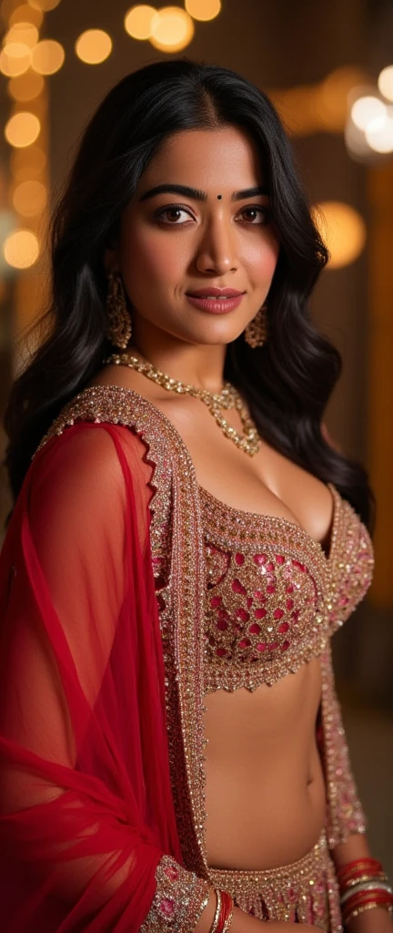 (best quality,4k,8k,highres,masterpiece:1.2),ultra-detailed,(realistic,photorealistic,photo-realistic:1.37) a beautiful indian goddess, slim figure, intricate ornate costuming, long flowing hair, provocative pose, deep cleavage, full-length photo, extremely detailed, hyperrealistic, photorealistic, 8k, cinematic lighting, dramatic colors, hindu aesthetic, stunning beauty, masterpiece