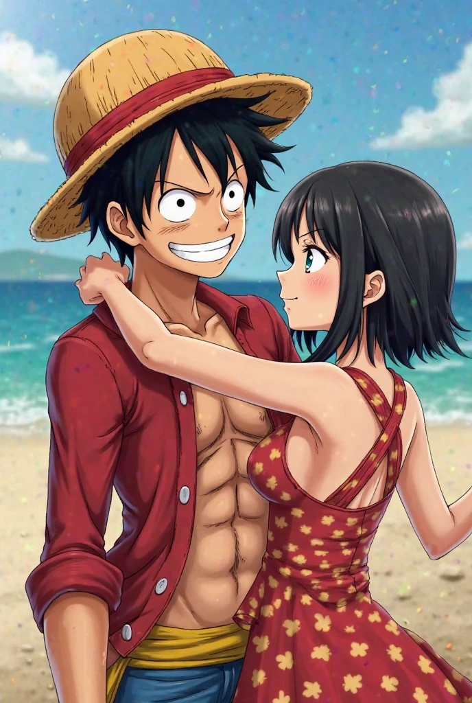 score_9, score_8_up, score_7_up, source_anime,masterpiece,best quality,highres,absurdres,official art,official style,source_anime,anime screencap,anime coloring,megami magazine,anime,animated,explicit,boa_hancock,long hair, black hair, earrings, large breasts,((areola slip)), ((Areola)),((nipple)), long hair, looking at viewer, navel, o-ring, Standing, (White Seethrough swimsuit:1.3) and score_9, score_8_up, score_7_up, source_anime,masterpiece,best quality,highres,absurdres,official art,official style,source_anime,anime screencap,anime coloring,megami magazine,anime,animated,explicit, Monkey D Luffy , boa_hancock and Monkey D Luffy , Hug each other from behind