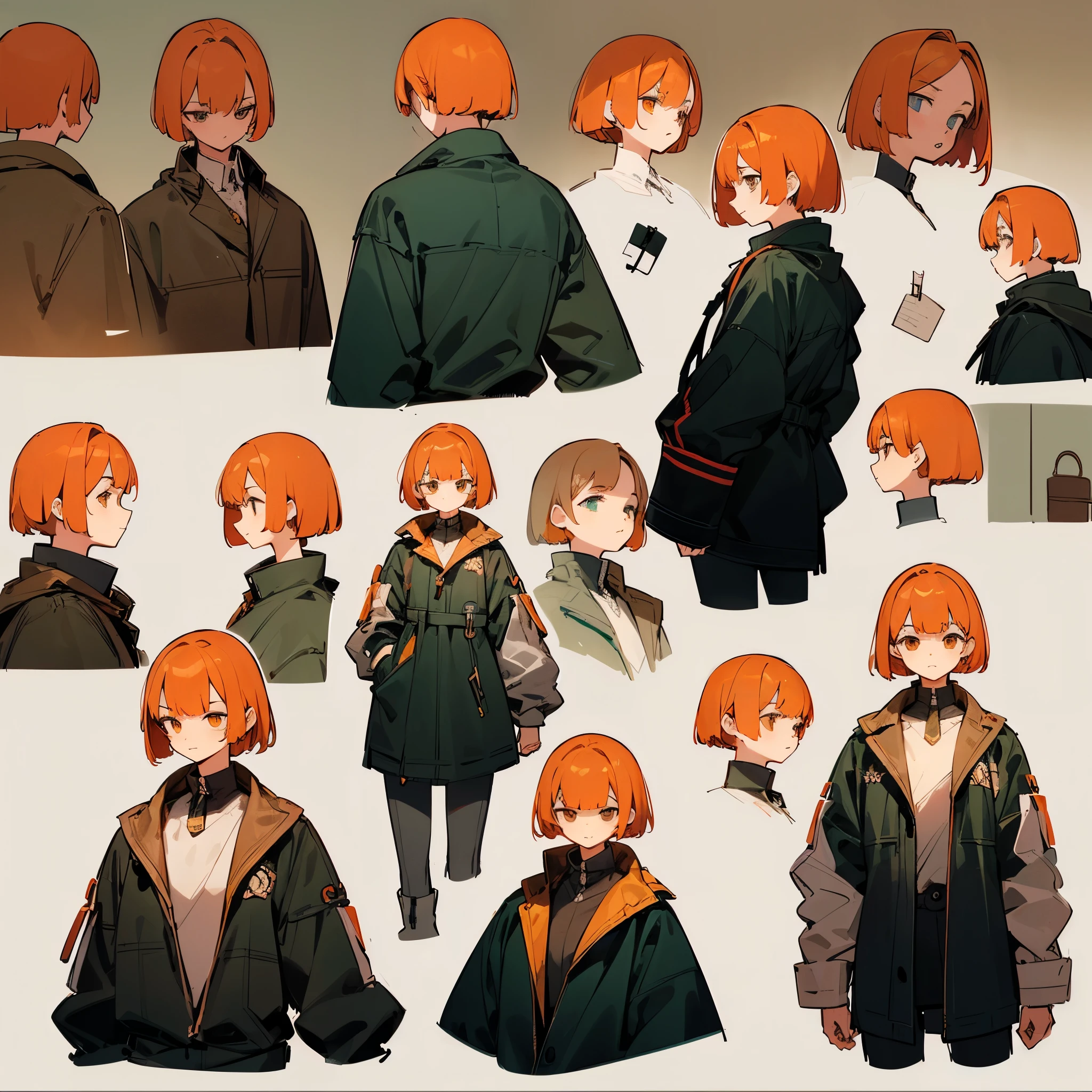 a small explorer children, with various poses and expressions, on a white background, children's book illustration, manga style, for 6 years old, a girl: redhead with short curly hair wearing glasses, no book, no backpack, no weapons, no knives, without military equipment