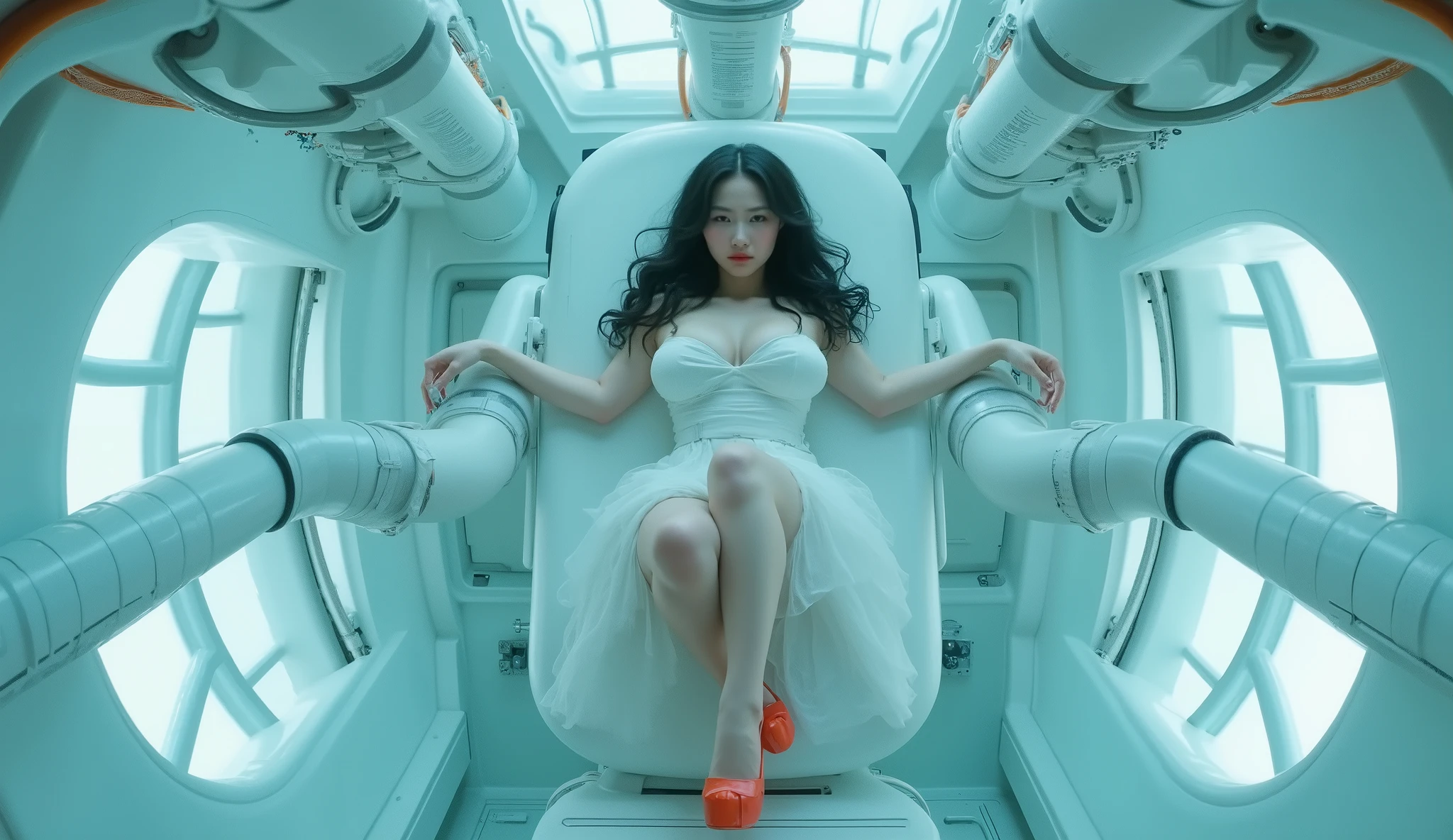 long elevated shot of (1woman), (top view), (full body), an albino European Japanese mixed woman, (((albino))), (pale white skin), [[slightly chubby]], soft curves, [medium firm breast], ((thick thigh)), (black hair), wearing a white mini dress with a thigh-high slit and red (((high heels))), exposing her ((legs)) and (foot), sitting horizontally across the image and strapped to brainwashing robotic machine, using metal clamp to her arms, the room features very bright light, there are industrial cyan blue bars, many orange cables, and big white pipes, detail hands, detail fingers, propotional, high definition, 4K