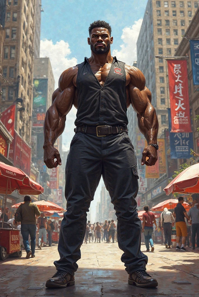 Huge muscular man hybrid
Background of cityscape model, small model