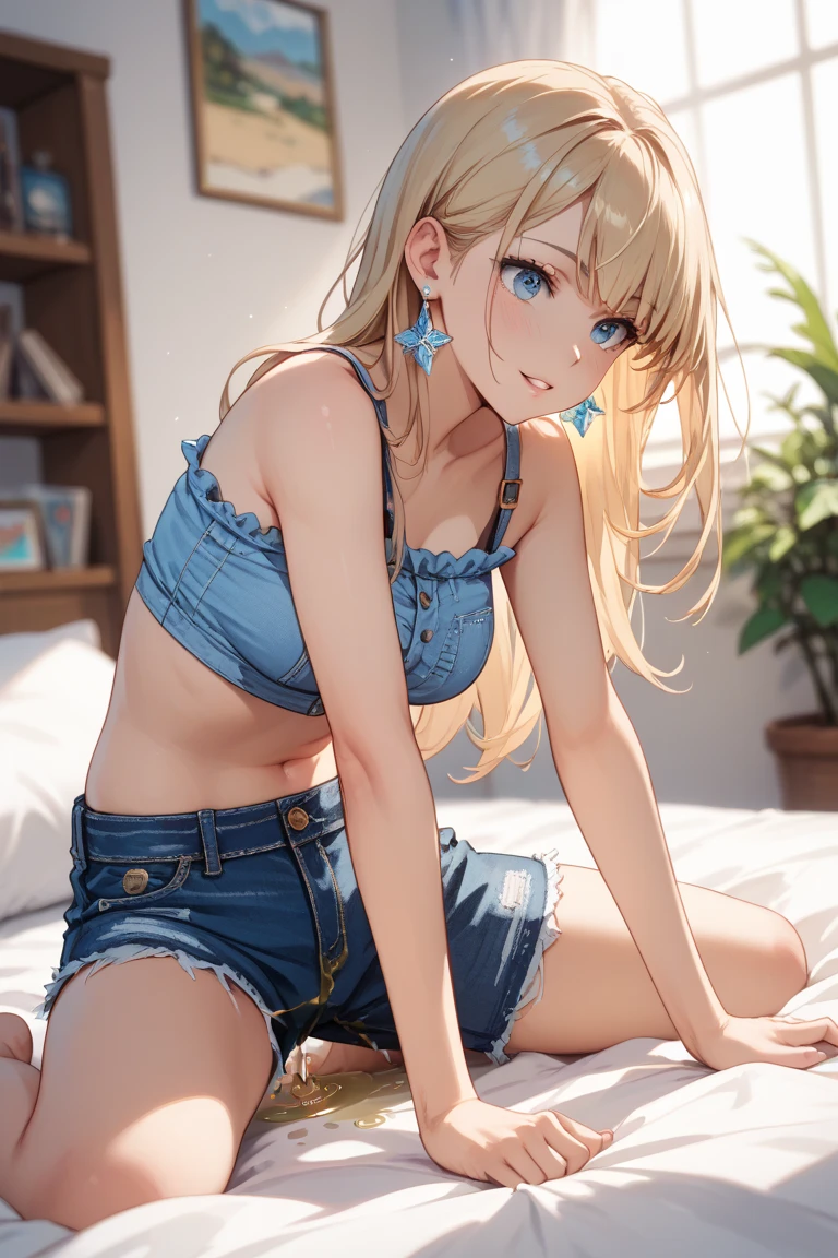 Create a high-quality, detailed image of a beautiful anime lofi girl with long blonde hair, bright blue eyes, sitting at her gaming PC in her cozy gaming room. She is wearing a see-through tank top, subtly revealing her nipples, and her midriff. She also has on sleep shorts. The warm, inviting scene includes soft ambient lighting and comfortable seating. The room is illuminated by a small lamp, creating a serene and intimate atmosphere with a touch of sensuality