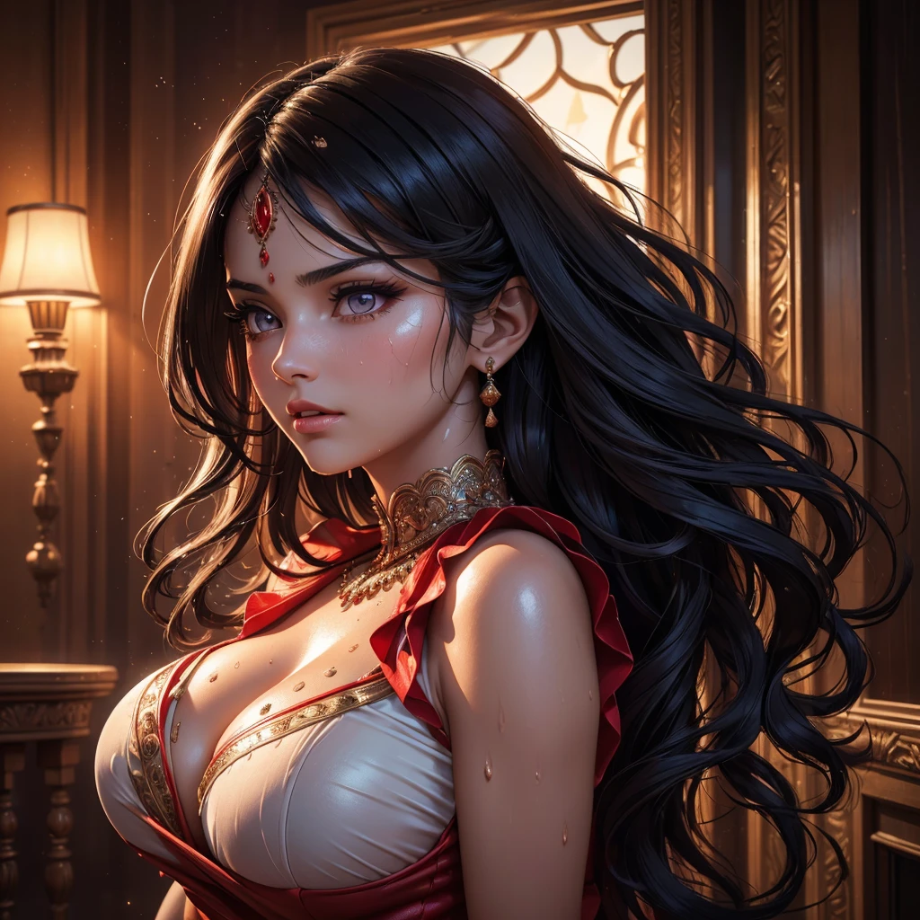 ((realistic:1.5)),((best quality)), ((masterpiece)),((detailed)), (1girl), Mouni Roy {a beautiful female, (upper body:1.3), in front of a Shiva temple, super-wide-angle lens,face focus, mature,sexy,long legs,curvy, barefoot, large breasts, wet white cloth covering breasts, skimpy loin cloth below, rear view, wide hips, thin legs, black eyes,long black hair,floating hair,long eyelashes, (detailed face,beautiful eye, detailed pupils, clear background:1.3), (Bindi,Jhumkas:1.3), (Armlet, Haar, Payal,Maang Tikka,Jhumkas,Kamarband,Bangles:1.3), ancient temple, large bells, best shadow,bright details,sharp,perfect composistion, Intricate, Sharp focus, dramatic, by Frank Frazetta,by Julie Bell,by Olivia De Berardinis,by Luis Royo,by boris vallejo
