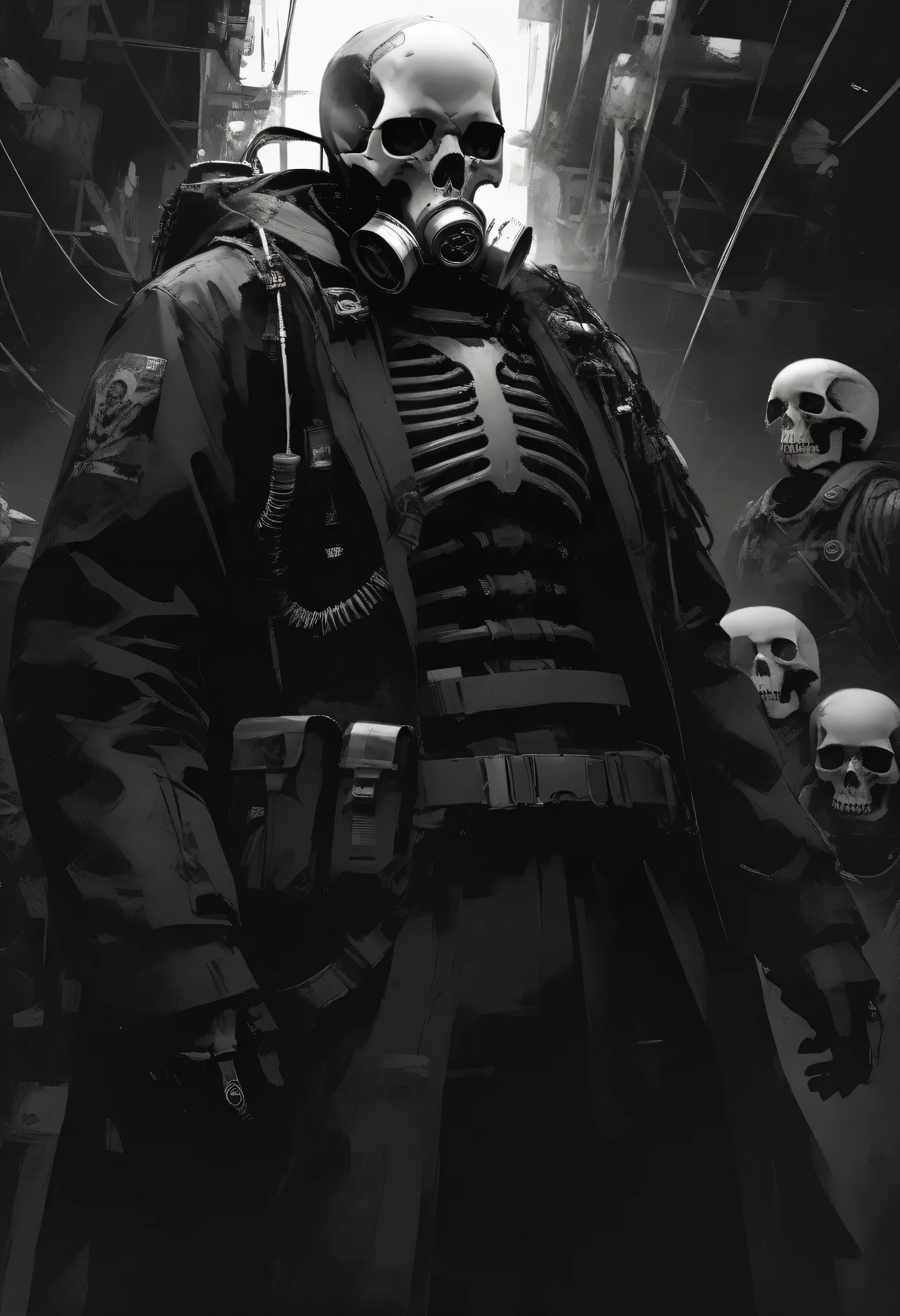 Has a Skull Wearing a Helmet and Gas Mask, Cyberpunk Art by Russell Donjun Lowe,  Joshua Middleton Comic Cover Art ,   digital art  , Cyberpunk Skeleton,  Extra Fleshy Cyber Skeletons , hyper-realistic cyberpunk style, cyberpunk style ， surreal,   cybernetic and highly detailed  ,   Cyberpunk Machine Portrait  ,   cyberpunk horror style, Detailed Human Figure、crystal light、dcr34sed_c0l0ring, monochrome, Theme,