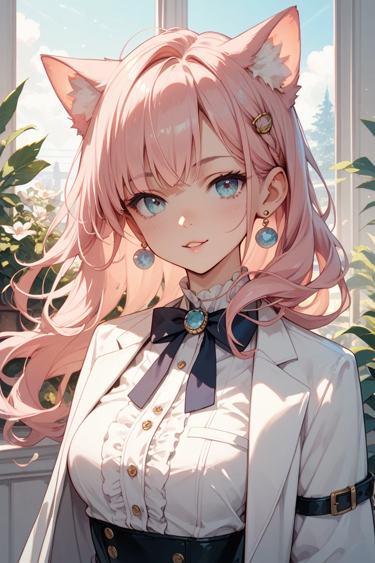 A woman in a white suit with cat ears and light pink hair - SeaArt AI