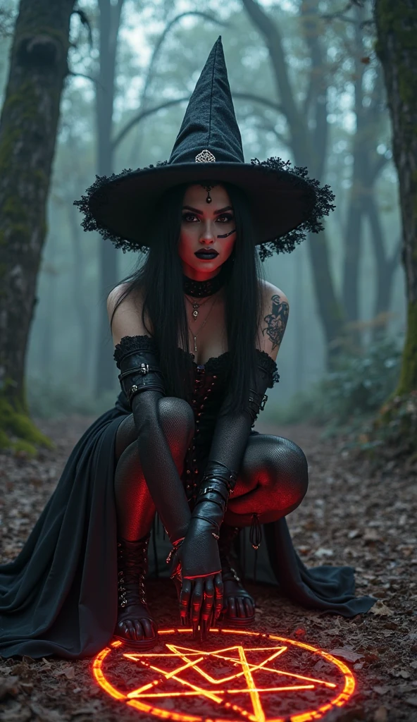 a stylish emo pale witch gothic woman crouched in dark foggy enchanted forest around glowing hex circle magic, witch hat, black velvets, lace, fishnets and leather tinged with scarlet or purple, accessorized with tightly laced corsets, gloves, platform boots and silver jewellery depicting occult themes elegantly quaint in black sludge morbid, fashion and style of dress, typical gothic fashion includes black dyed hair and black clothes wear dark eyeliner, dark nail polish and lipstick, and dramatic makeup (best quality,4k,8k,highres,masterpiece:1.2),ultra-detailed,(realistic,photorealistic,photo-realistic:1.37),HDR,UHD,studio lighting,ultra-fine painting,sharp focus,physically-based rendering,extreme detail description,professional,bokeh,portrait,high fashion,elegant,glamorous,cinematic,dramatic lighting,moody,mysterious,sensual,sophisticated