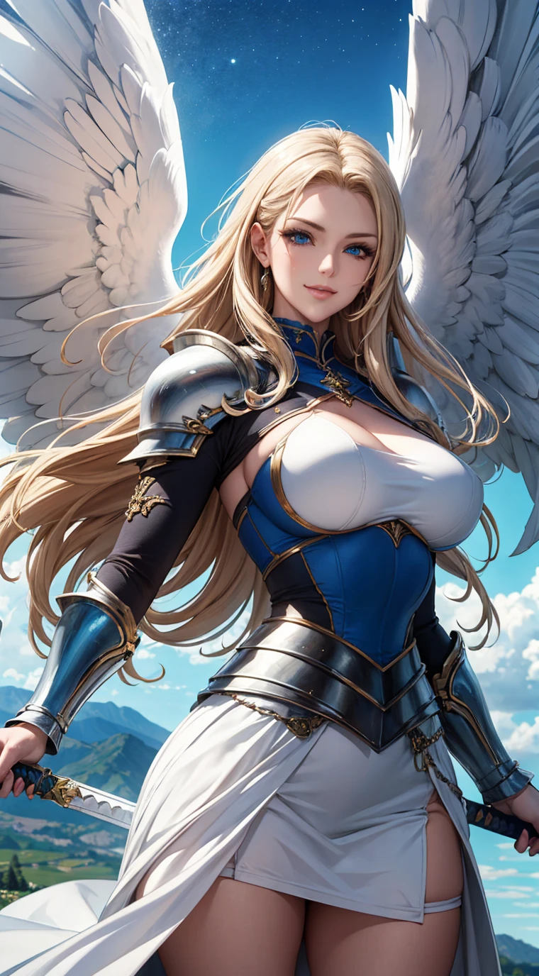Qian Renxue, Young woman, deityธิดา, six wings, Golden wings, angel wings, long blonde hair, forehead jewelry, crown on back of head, light blue eyes, big breasts, golden chest armor, silver forearm armor, stand, Perfect Body, Beautiful thighs,solid frontal armor, high-heels, deityนิยาย, deity, Fantasy, realistically