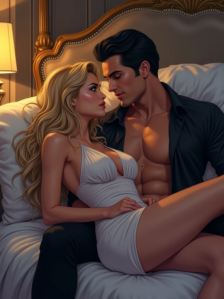 You have two Japanese anime girls on their knees that have become sexy, With curves, Long wavy blonde hair, bright blue eyes, exaggerated breasts, busty, bright Eyes, culonas, soft skin, strong legs, voluptuous lips, diamond earrings, voluptuous breasts, tall girls, made ups, painted nails, big buttocks, extremely red lips, big nipples, small waist, a tattoo that says Alejandro, a diamond crown, big hips, H cup breasts, smile, diamond necklaces, made up, strong abs, between her tits a diamond, multimillionaire, Very fine, (with gold and diamond bikini, Strapless) with a muscular man with whom they have sex with them in a bed