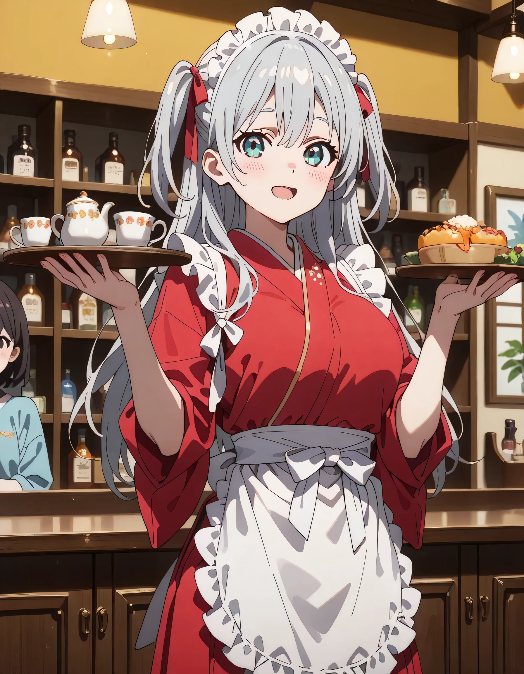 ((ultra-detailed)), (highly detailed CG illustration), (best quality:1.2), ultra-highly detailed, colorful composition, artistic photoshoot, 1girl, solo focus, ((cowboy shot:1.4)), moe anime character, girl, dainty facial structure, (baby face), (round face), ((rounded chin:1.2)), moe anime character, girl, dainty facial structure, (baby face), (round face), ((rounded chin:1.2)), ((ideal ratio body proportions)), (blue eyes), sparkle eyes, silver hair color, long hair, two side up, ((hair ribbon with red), Japanese clothes, kimono, apron, red ribbon, waitress, red kimono, ((smile:1.2)), ((blush:1.4)), ((looking viewer)), ((carries parfaits on the tray:1.3)), ((lovely background)), ((dynamic pose)), ((contrapposto pose)), from front, best quality, masterpiece, expecting, pink cheek, blush, light pink gloss slip, portrait, depth of field, soft lighting, sidelighting, (shine), lighting, caustics, ray tracing, perfect face, lustrous skin, highly detailed face, perfect face, perfect nose, perfect hair, perfect anatomy, beautiful hair, beautiful small face, extremely detailed face, beautiful clavicle, beautiful body, beautiful ample breasts, leavage, breasts squeezed together, equalize the size of the left and right breasts, beautiful fingers, 4 fingers, 1 thumb, lovely, (very detailed background:1.0), (highly detailed background:1.0), spring aesthetic, intricate details, joyful atmosphere, spring colors palette, chromatic aberration