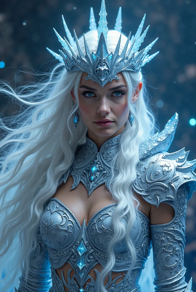 (Best quality,4K,a high resolution,masterpiece:1.2),ultra detailed,realistic ,portrait,colorful,studio lighting,ice plate armor,blonde hair,Blue eyes,beautiful detailed face,sparkling ice castle,Icy landscape,Shiny snow,royal pose,winter magic, elegant dress, Throne room, Majestic atmosphere, Magical powers, snowflake patterns, mystical aura, regal and graceful, enchanting beauty, frosty breath, Icy blue color palette, halo of light