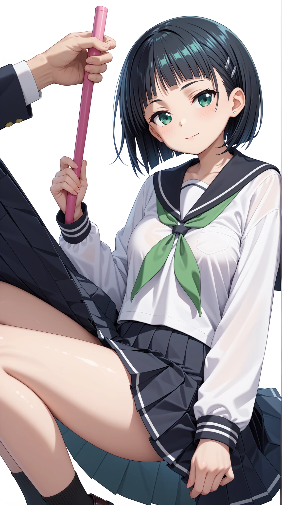 YamagumoKC, (white) shirt, (suspenders) skirt, (green) hair band, (pleats) skirt, (gray) skirt, (black) shoes下, shoes, (single) Braid, Scrunchie, side lock, (green) bow tie, (plaid) bow tie, arm warmers,
highest quality, masterpiece, High resolution,(panties),(bra)spread legs, legs up