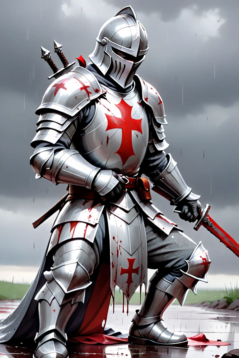 A knight fallen in battle, on his knees, blood all over his amour as he holds on to his sword, dark background, cinematic, black and white, grainy, grain level 70%, ancient, faded, darkness, moody