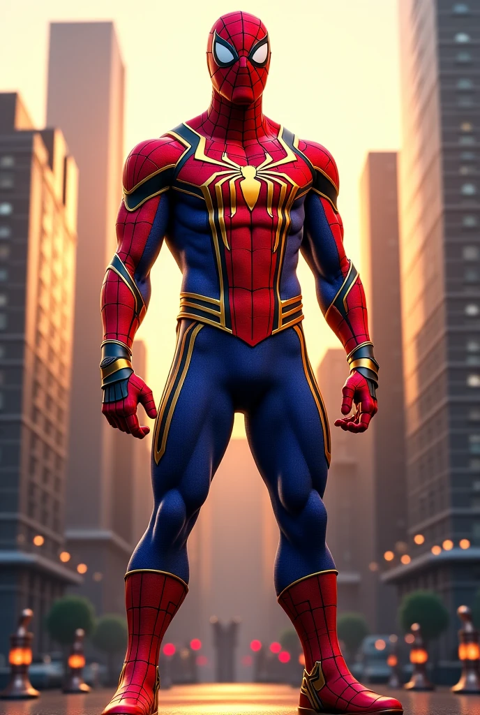 Create the image of a Korean man, to wear the Iron Spiderman superhero suit, Only half of the body should be visible, It must be at night and the city must be in the background and it must be in front, The suit must be of the red and gold Iron-Spider Man superhero 