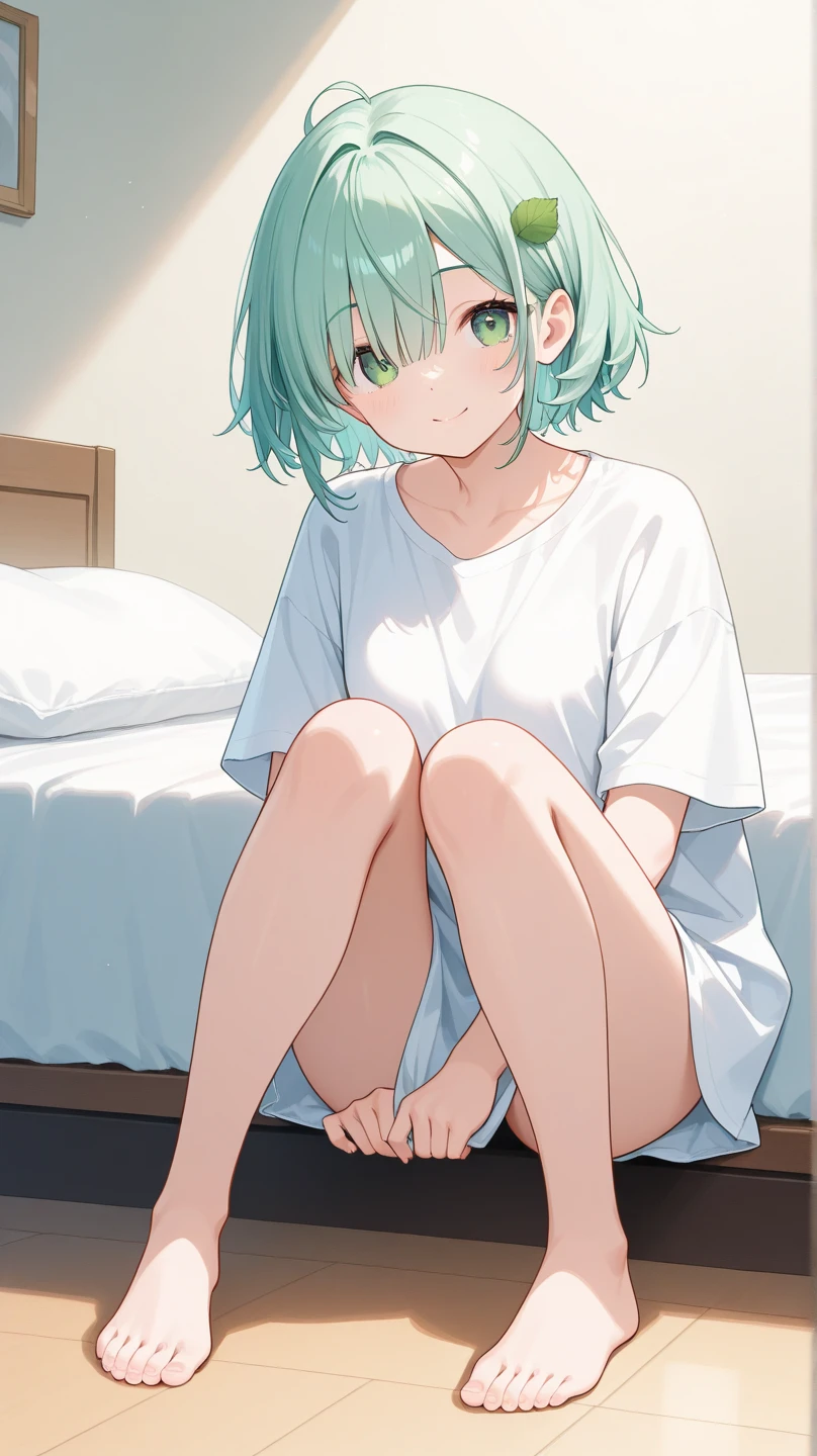 Short silver hair, green eyes, , White t-shirt, Black short girl, He smiles, Beautiful thighs, Bedrooms 
