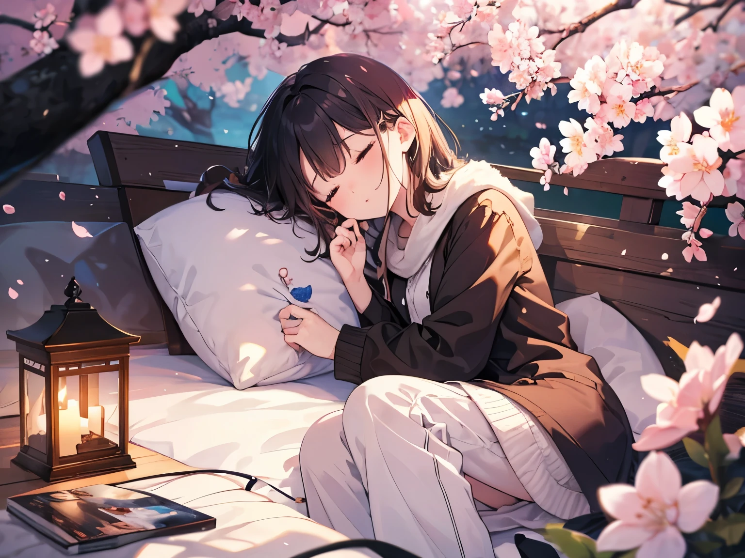 sleeping girl,cherry blossoms、nature,relax,peace,fantasy,4K,8k,high resolution,masterpiece,warm and cozy,high resolution,超high resolution,studio lighting,High quality DVD, bright light,Bokeh