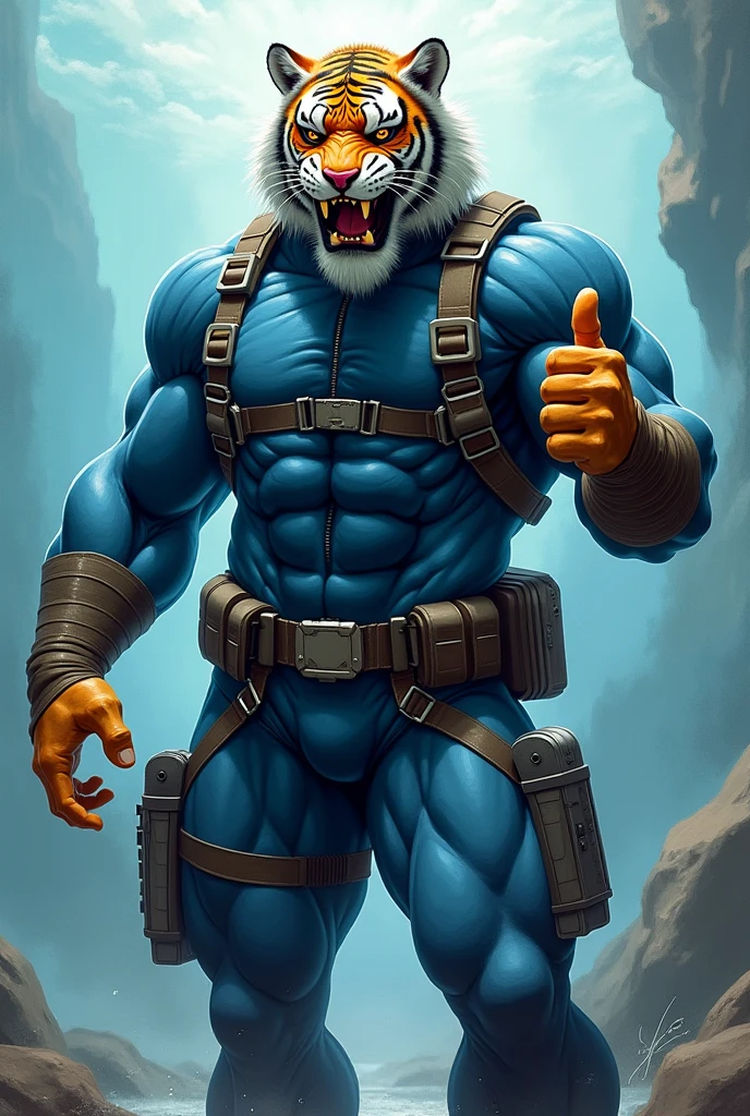 Thick huge muscular Grizzly bear as the thing from the fantastic four marvel comics with blue competitive briefs, furry anthropomorphic art style