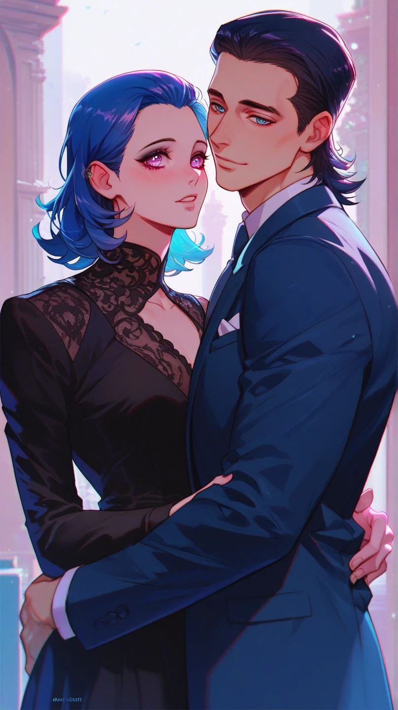 NSFW,masterpiece,Highest quality,High resolution,Super detailed,Star Town Suisei\(Hololive\),Blue Hair,One Side Ponytail,Blue Eyes,Small breasts,(High-quality see-through dress,silk),Estrus,smile,blush,(Sweat),Luxurious Room,Party Venue,chandelier,(Middle-aged men),A man puts his hands on her waist and hugs her,Having sex,Insert,Creampie,heart,From the side,Being spoiled,Physical contact,kiss