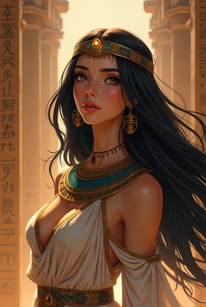 (best quality,realistic,anime:1.2),Monica Bellucci as beautiful Cleopatra,ancient Egyptian palace with immersive background, vivid colors,detailed