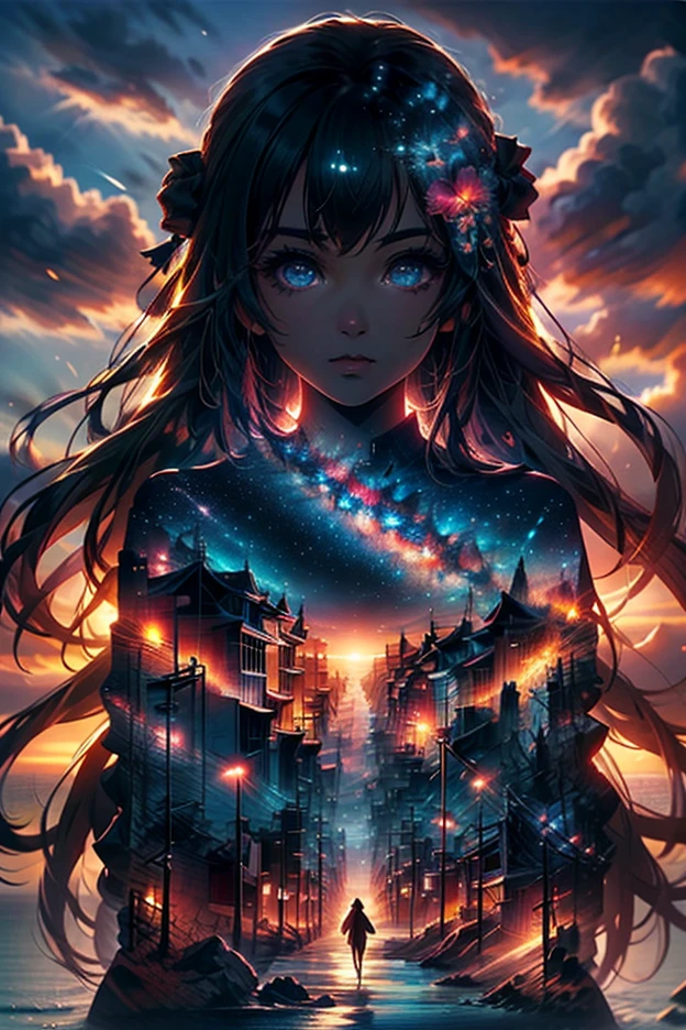wide wide shot,Expansive night sky,new year,(A grand fireworks display),contours,(Girl contours texture clear),(double exposure effect),vibrant with colors,creative composition,artsy photography,hight contrast,soft focus,vague background,(multiple exposure),Different perspectives of uturistic high-rise buildings、(Overlay the image)、Surreal atmosphere、(Best quality,4K,8K,A high resolution,tmasterpiece:1.2),ultra - detailed,
