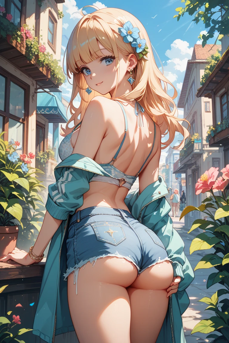 (master piece,extremely detailed),absurd, Super detailedな,(In 8K:1.3),Masseter muscle part,(masterpiece:1.2)、(highest quality)、4k、Super detailed、(Composition of exercise:1.4)、Highly detailed and colorful details、(rainbow colors:1.2)、(shining lighting、atmosphere lighting), High resolution, (official art, beautiful and aesthetic:1.2), best quality、(1 girl:1.8),Super detailedな,bright colors、vast landscape photography、tree break production art、(Warm color light source:1.2),High level image quality、Detailed image quality、intricate details,volume lighting,Realism BREAK、Profile、 idol face、18-year-old、very beautiful face and eyes, beautiful images、natural make up、big eyes、 (gigantic breasts)、(breast bag)、pointy breasts、(nice butt:1.8)、(glossy skin :1.5)、 (grinned), (Smooth, straight blonde hair with bangs),(please be shy:1.4), Dark navy eye color 、 (A light blue bra with a vivid texture, fullback panties:1.5)、(((Underwear with a clear texture)))、(looking up:1.2),【letter、text、sign、logo】