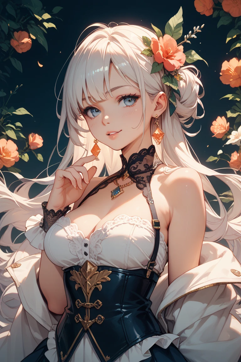 masterpiece, high quality, illustration, extremely detailed, cg unity 8k, 1_women, (upper body), (Caucasian skin_complexion:1.4),mature, statuesque, tall, beautiful, exotic, (((looking away from viewer))), large breasts, shocked expression, surprised face, nsfw, chest window, ((cleavage)), and halter dress, (black) ((diaphanous sparkling dress)) with gold trim, crown, black knee_high boots, ((white embroidery elbow gloves)), long white hair, realistic and detailed face having (yellow eyes), ((dark_eyeliner)), long_eyelashes), natural dynamic lighting casts detailed shadows, castle room, (paintings on walls), marble columns,