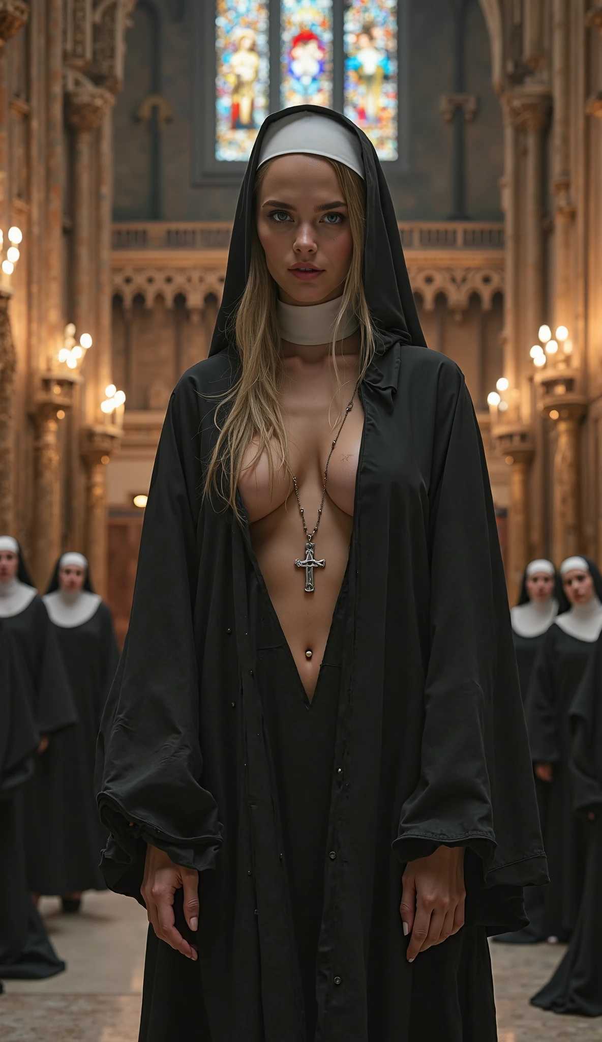 a young female christian clergy, nun in religious habit fondling a naked man's erect penis with her hands and mouth, ultra-detailed, photorealistic, 8k, intricate details, chiaroscuro lighting, dramatic composition, baroque style, moody, dark, muted colors