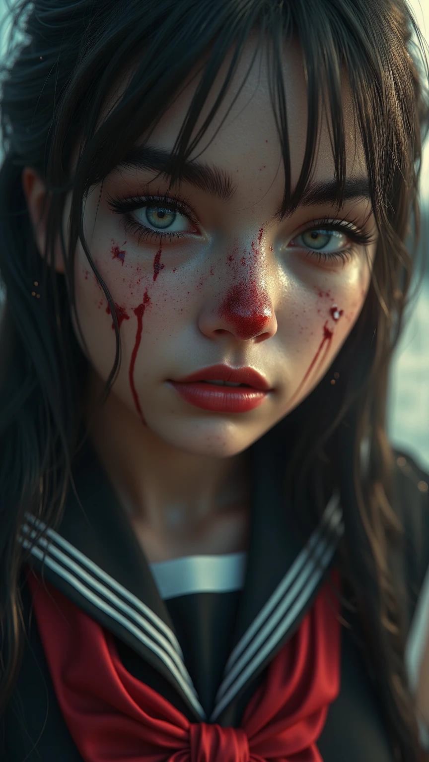 Portrait of a Nurse wearing a white latex bodysuit, blood on her face, fetish vibes, horror vibes, dark atmosphere, cinematic, dramatic lights, ultra detailed, photorealistic, masterpiece, trending on Artstation.