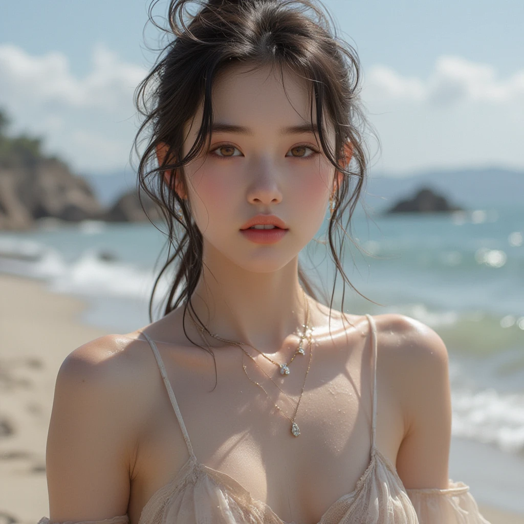 1girl, (looking at viewer:1.2), detail face, (a girl standing, rending on cgsociety, Beach backdrop), romanticism, atmospheric, (RAW photo, best quality), (realistic, photo-realistic:1.3), masterpiece, an extremely delicate and beautiful, extremely detailed, D cup,Half-length photo,(Wearing a translucent pink tulle dress1.5)