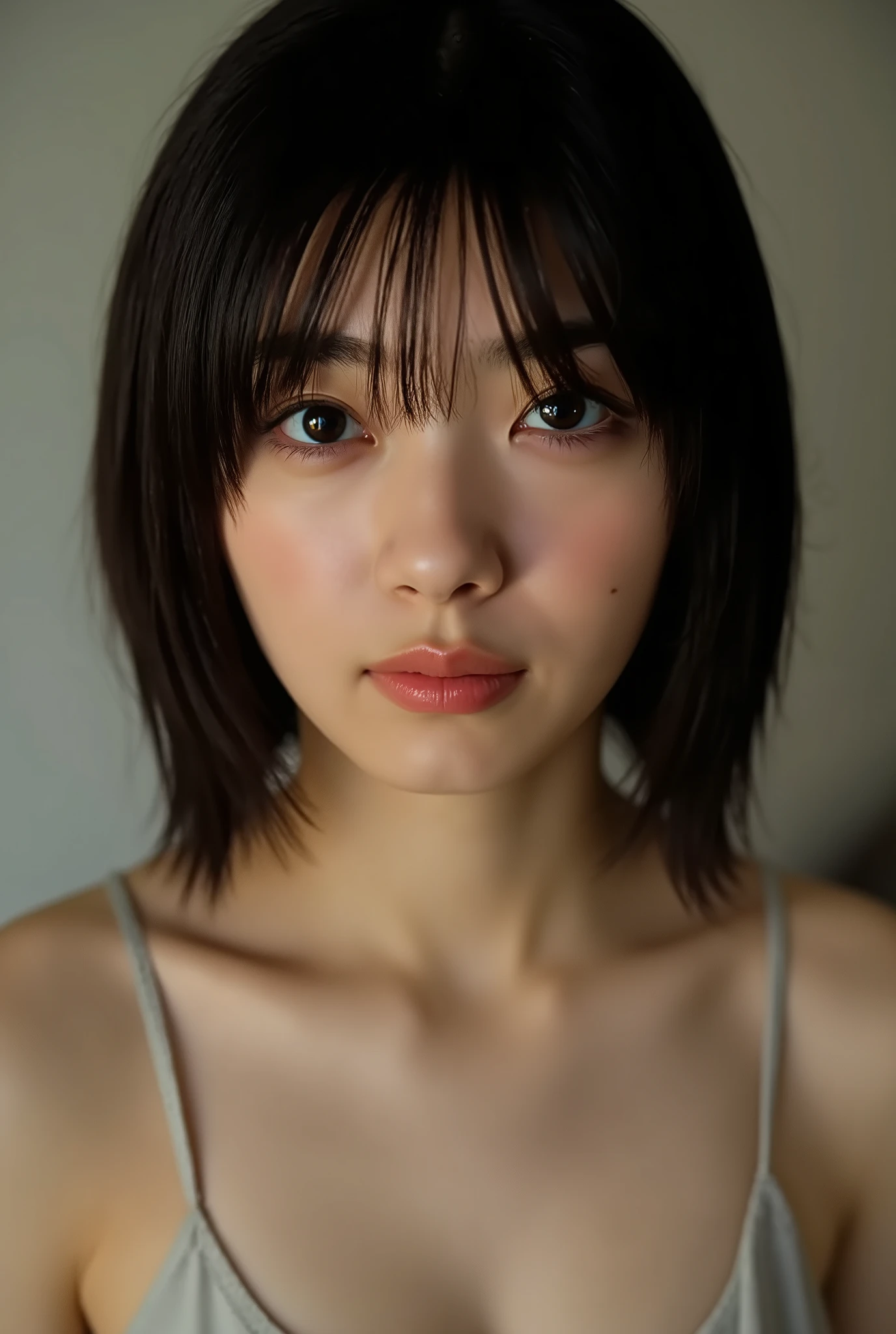 (( Best Quality )), ((masterpiece)), ( details), first-person view ,1 girl, sexy,( Bringing Your Face Closer ),((mouth wide open )),((Big Breasts, underwear, short bob hair)), black hair , (( without makeup, Small eyes))