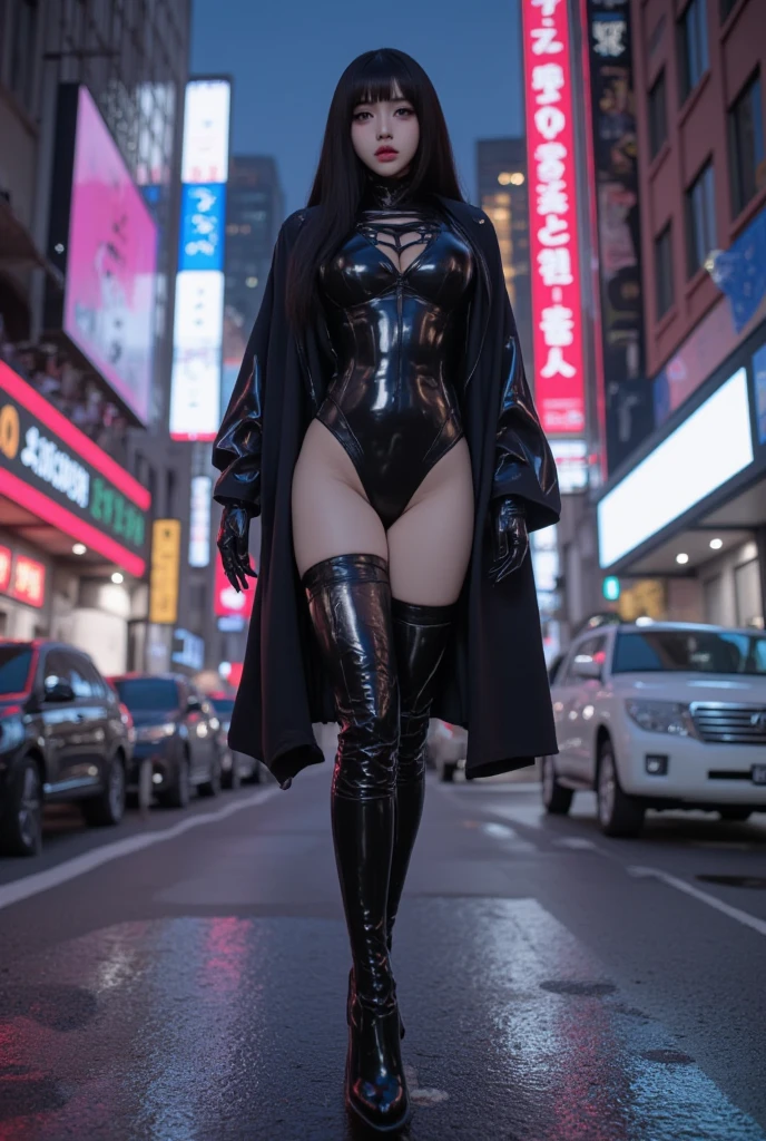sexy teen coreana ,voluptuous sexy body dressed in futuristic cyberpunk clothing on a rainy and futuristic night street .His clothes are colorful and futuristic ,has a red cyborg eye