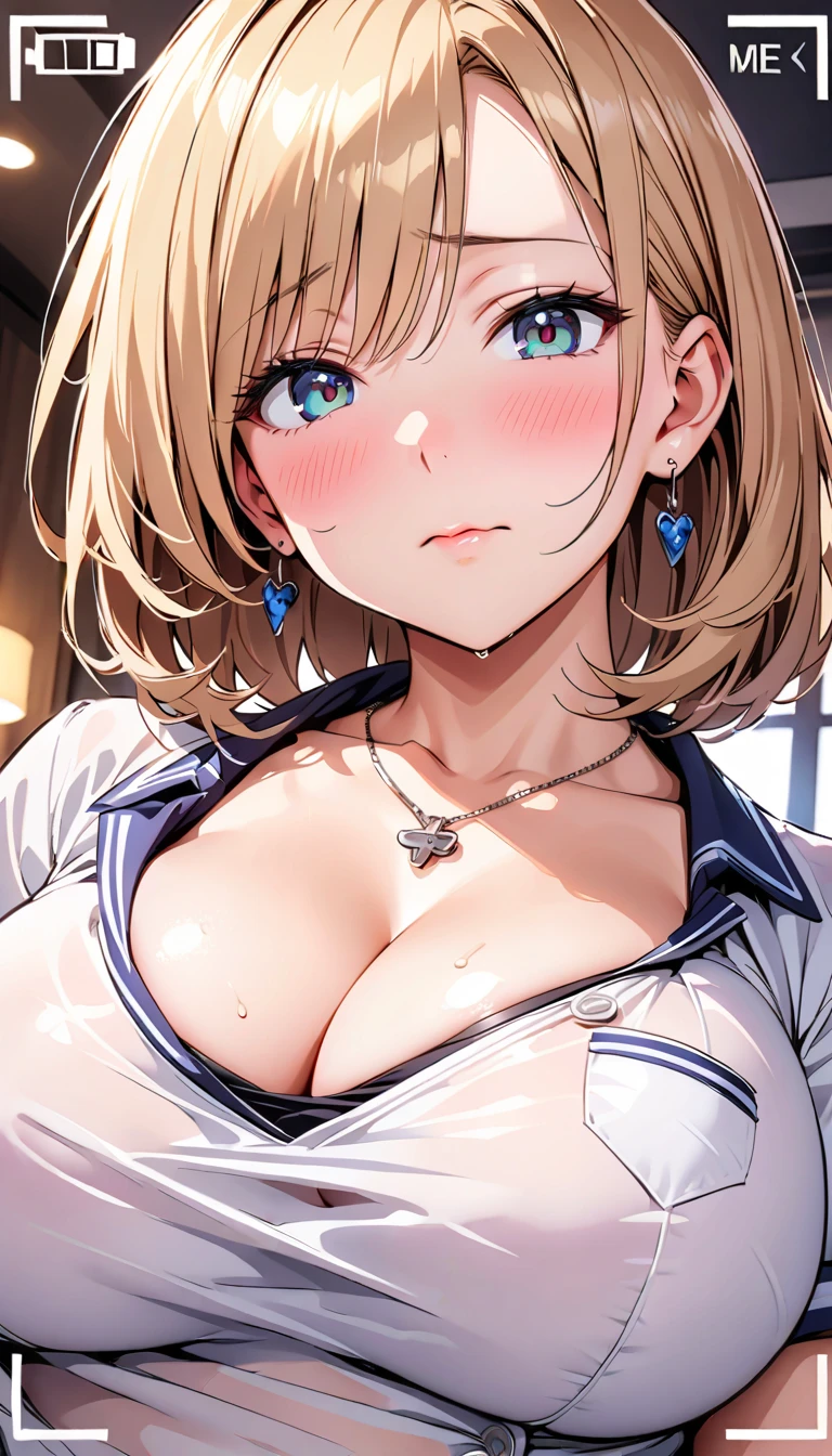 score_9, score_8_up, score_7_up, 1girl, looking at viewer, arms_behind_head, joyful, beige hair, heavy fringe, grey-blue eyes, large breasts, dark purple cropped jacket \(bolero\), god rays, laboratory, from above <lora:oyari_ashito_PonyXL_style_v01:1>