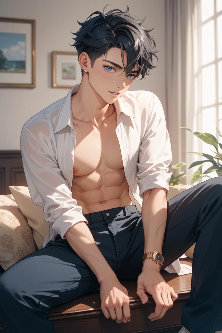 (RAW photo:1.2),(Photorealistic:1.4),(Masterpiece:1.3),(Best quality:1.4),超高分辨率, hdr,8K resolution, Dreamlike, check commentary,commentaryrequest,scenery,((No text)), solofocus, (Detailed eyes),(Detailed facial features), (detailed clothes features), skin tight, (Shiny skin),(Slender),(Slim),(Beautiful face), 1boys, VirtualGirl-Ren, Young, bangs,Black hair, Blue eyes,ear studs, Loose shirt, Smile, bashfully,Cute, chest baring,plumw,Look straight into the camera,