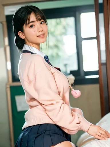 (school uniform:1.5), (photorealistic:1.4), (best quality:1.0), (ultra highres:1.0), 8k, RAW photo, (masterpiece:0.2), ultra-detailed, close short, 1girl, beautiful skin, detailed skin, looking at viewer, full body, (short hair:1), smile, (closed mouth:1)