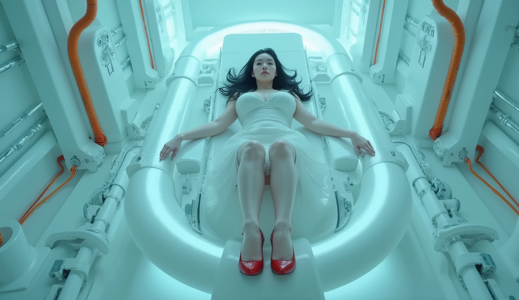 long elevated shot of (1woman), (top view), (full body), an albino European Japanese mixed woman, (((albino))), (pale white skin), [[slightly chubby]], soft curves, [medium firm breast], ((thick thigh)), (black hair), wearing a white mini dress with a thigh-high slit and red (((high heels))), exposing her ((legs)) and (foot), sitting horizontally across the image and strapped to brainwashing robotic machine, using metal clamp to her arms, the room features very bright light, there are industrial cyan blue bars, many orange cables, and big white pipes, detail hands, detail fingers, propotional, high definition, 4K