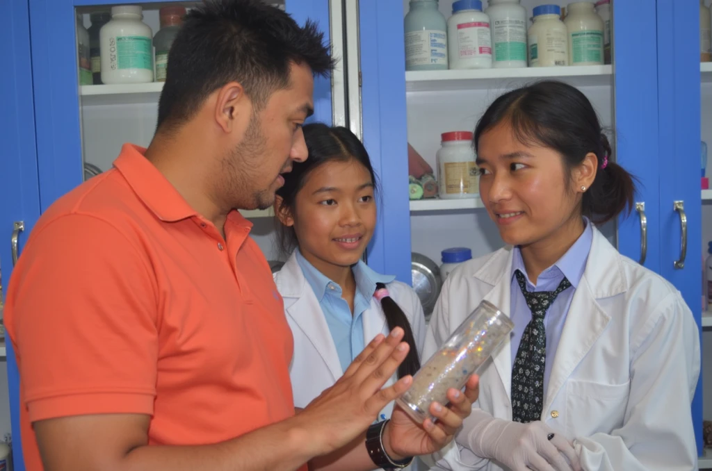 CUTE STUDENT BOY & GIRL ENJOYING SCIENCE EXPERIMENT STUDY IN FUTURISTIC LAB CLASSROOM