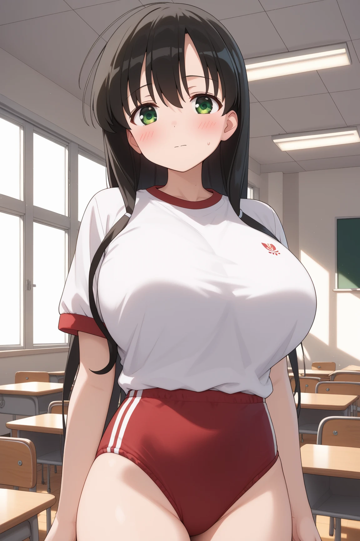 beautiful girl、high school girl、Black Hair、Shy expression、blush、School gym clothes、Shorts、Big breasted body type、Very huge bust、Dark classroom in Japanese school、Sweat、
