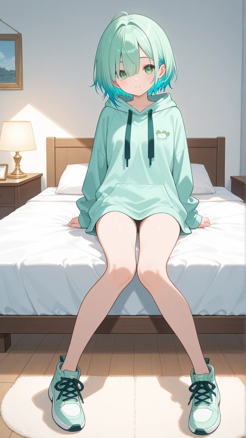 masterpiece, highest quality, 1 person,( Large Breasts,Blue hoodie, Are standing, View Audience,Dolphin Shorts,),Detailed Background、A person who writes in detail、Accurate human body、Knowledgeable person、Five correct answers、Mature Woman,Thighsが太い,cruvy body,Melusine, (Brown eyes:1.5), Long Hair, ((Gray Hair)), Side Lock,Long sleeve、Knee socks、Thighs、白いKnee socks、solo,((pussy juice stain))、On the bed、Lying on your back、wedding ring、after sex