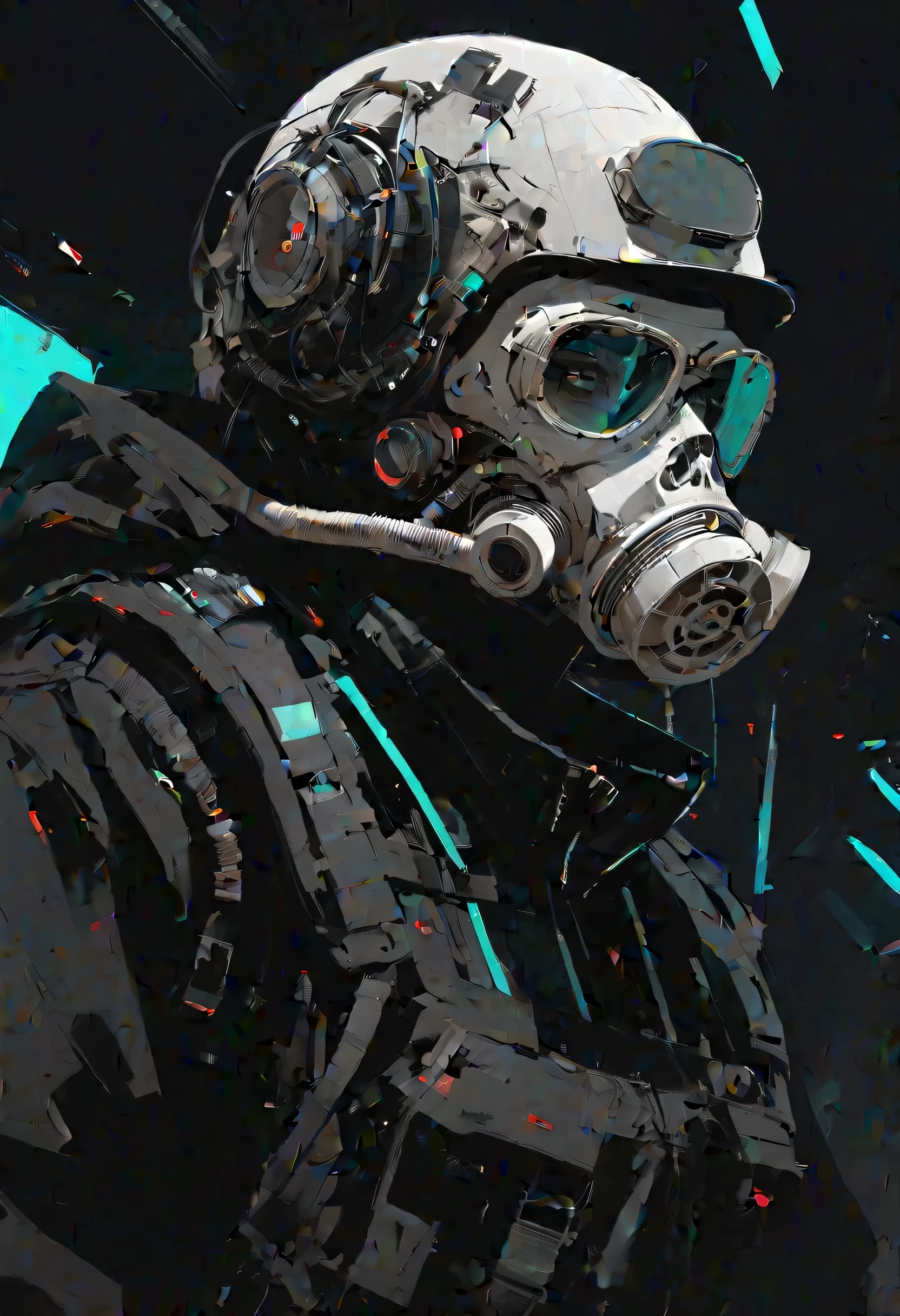 There's a beautiful girl wearing a helmet and gas mask, Cyberpunk Art by Russell Donjun Lowe, Joshua Middleton Comic Cover Art , digital art , Cyberpunk Skeleton, Extra Fleshy Cyber Skeletons , hyper-realistic cyberpunk style, cyberpunk style , surreal, cybernetic and highly detailed , Cyberpunk Machine Portrait , cyberpunk horror style, Detailed Human Figure、crystal light、dcr34sed_c0l0ring, monochrome, Theme,