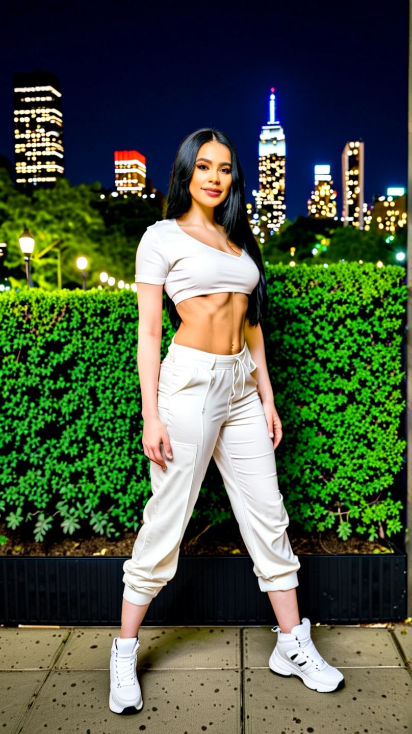 1girl called Sarah with long blonde white hair, colored flowing hair, long hairstyle, perfect detailed face, detailed symmetric green eyes with circular iris, beautiful, walking and posing, look at observer, 19 year old girl, looks like Madison Beer, extremely detailed face, model, realistic, real life, perfect photo realistic picture, realistic, curvy body, hourglass figure, stunning realistic photograph, detailed fingers, detailed realistic face, nice fingers, real human nails, extremely attractive girl, perfect detailed tanned skin, small eyes, perfect detailed face with realistic complexion and skin with small pores, small nose, photo-model, perfect posture, natural limbs, long legs, detailed symmetrical eyeballs, symmetrical eyes, realistic eyeballs, realistic detailed eyes, cute plump closed lips, makeup, no long neck, ideal proportional body, seductive gaze, looking in the direction of the viewer, captivating facial features, tall, two arms, two legs, one head, tiny breasts, realistic natural bodies, realistic shadows, mystical lighting, 8K, UHD, ((body facing the viewer, showing to camera)), “wide angle”, full-body shot, full pose, (photo studio white background), little seduce, cinematics light, Centered hipereallistic cover photo, awesome full color, cinematic, neoprene, behance contest winner, portrait featured on unsplash, stylized digital art, smooth, ultra high definition, wearing a white oversize t shirt and black joggers pants Acronym J36-S (t shirt only white color), black and white sneakers, instagram model, 80mm , urban streetwear , Realistic,round ass,realhands,urban techwear