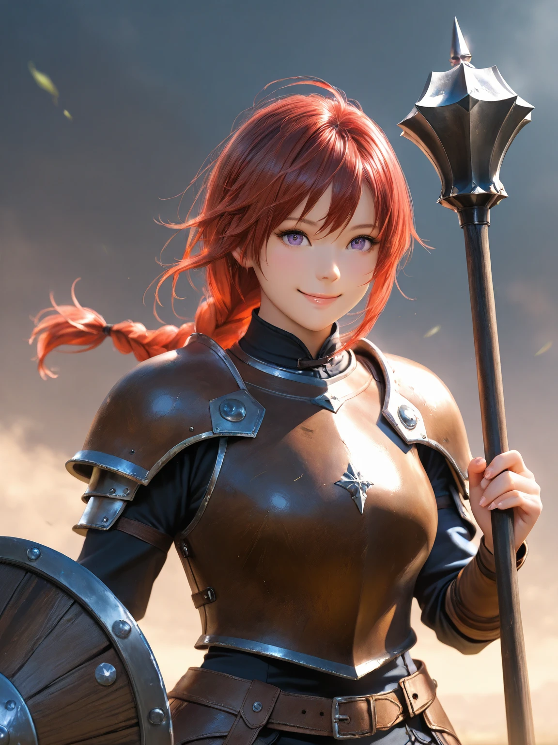 masterpiece, (photorealistic:1.4), best quality, beautiful lighting, (ulzzang-6500:0.5),woman,evil smile, volumptious body,knight, (red hair)+(long braided hair)+(bangs), yellow eyes, golden eyes, ((ringed eyes)),