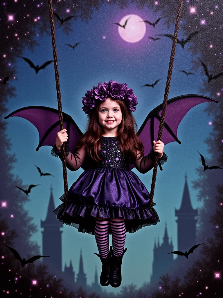 Full body view of a 4 year old vampire girl showing off her fangs