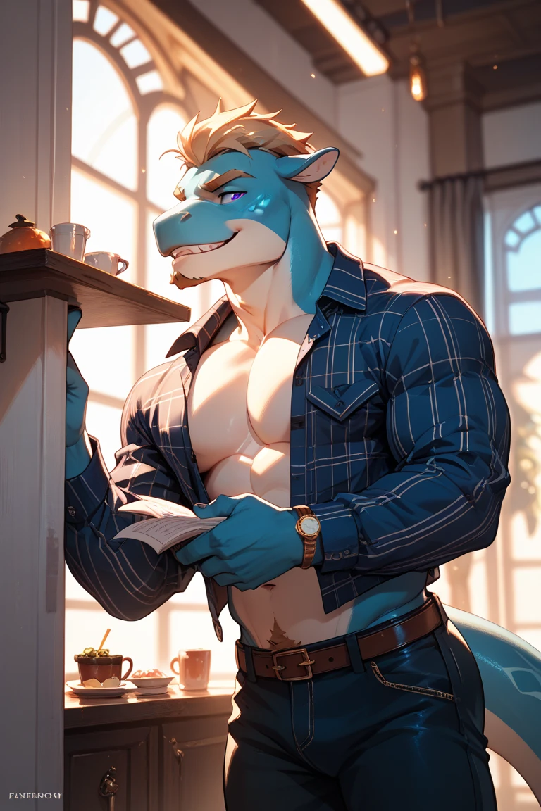 (Best quality: 1.0), (Super High Resolution: 1.0), (masterpiece, best quality:1.2), detailed, detailed hands, detailed eyes, score_9, score_8_up, score_7_up, furry, anthro, ((arcanine)), ((solo)), (manly), horns, gentle face, handsome face, huge, fluffly fur, nipples, looking pleasured, sexually, sexy pose, SFW, coffee shop, (apron), nude, bulge, flaccid, in heat, panting, sweat, sweaty, musk, (skinny, shy),  (thick thighs:1.2), (glowing body), (glowing eyes), (snout:1.1), vibrant, (slightly chubby:0.7), (muscular:1.3), (looking at viewer), shy, blushes:0.3, worm's eye view, close up view, (by chunie)